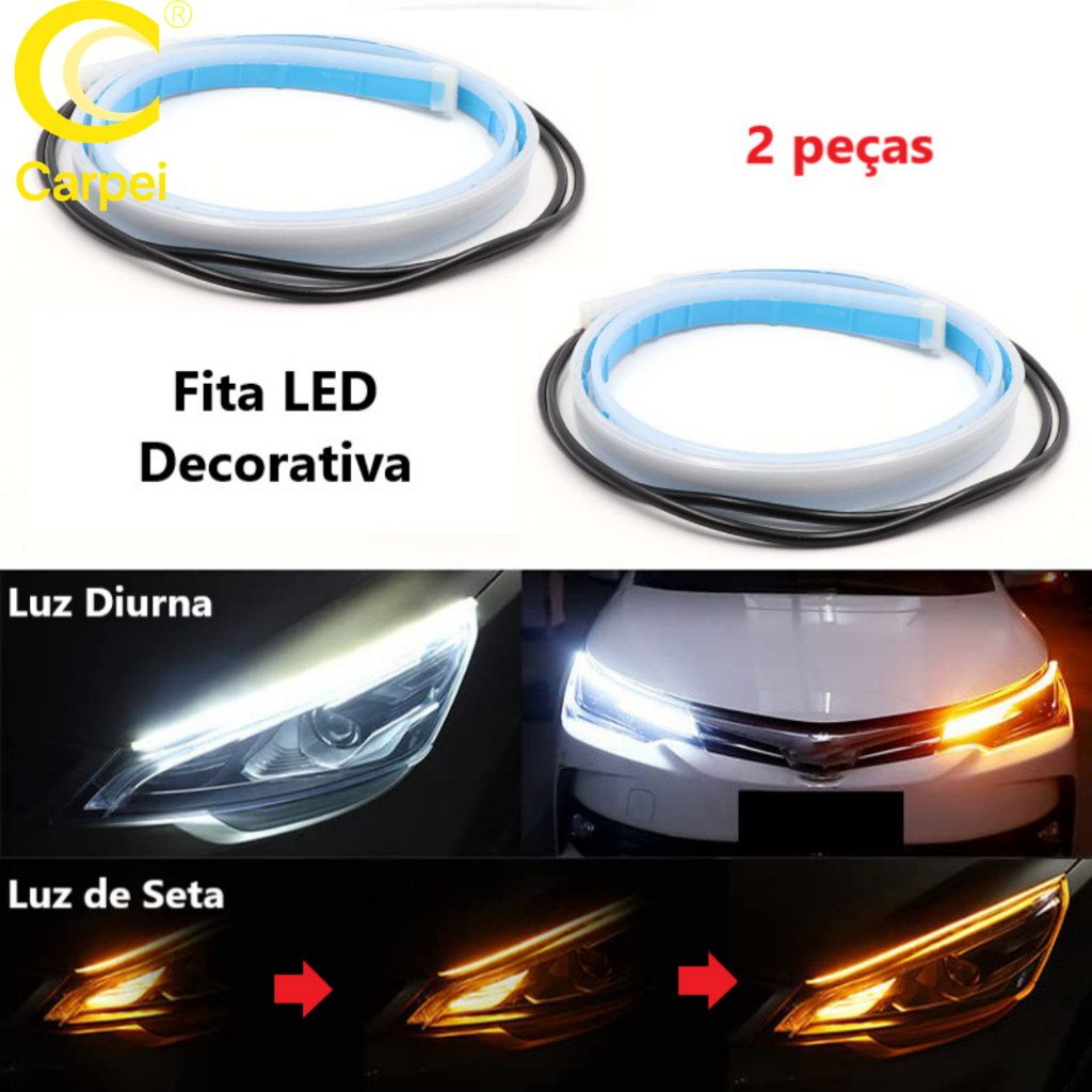 Kit 2 peças Fita Led 60 cm DRL 3000k 6000k Flexivel Farol E Seta