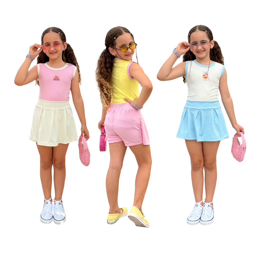 Kit 6 Peças Infantil Conjunto Short Saia e Regata Bicolor Menina Blogueirinha Dia a Dia Casual Verão Leve em Oferta na Shopee