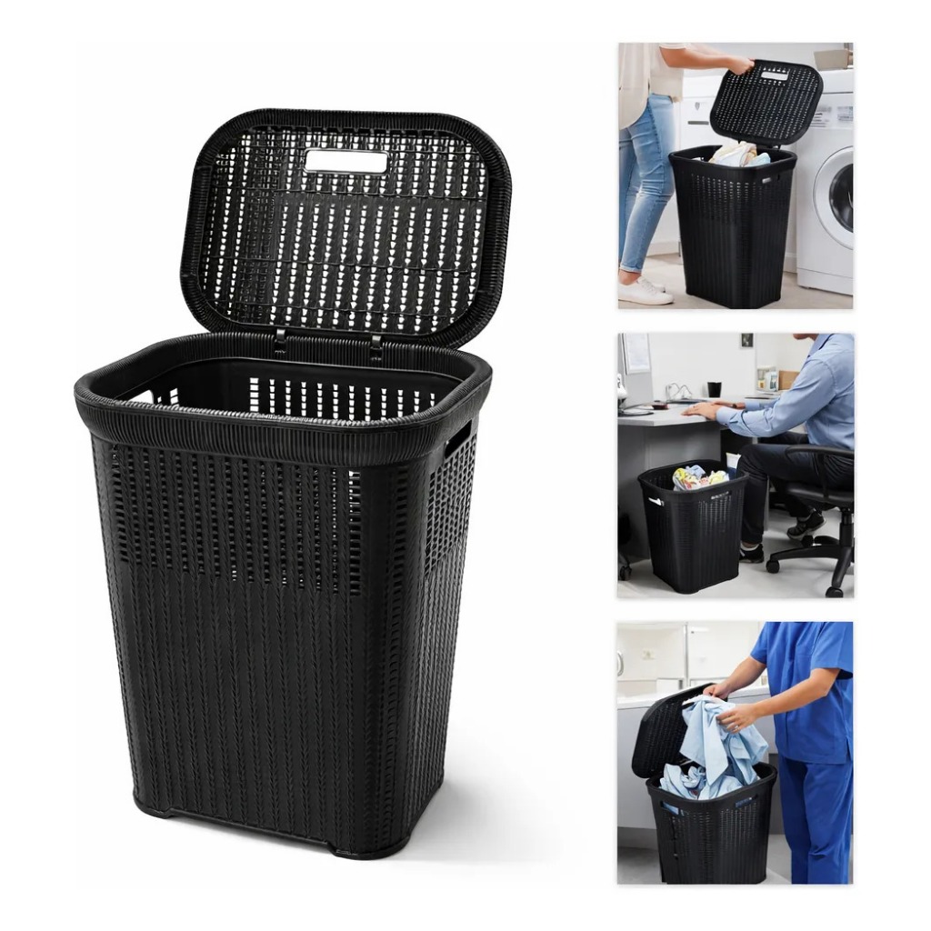 Cesto de Roupa Suja com Tampa 60L Grande Organizador Lavanderia Banheiro Preto Resistente