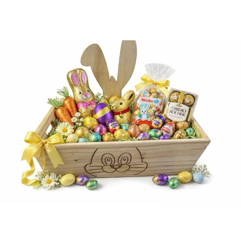 CESTA DE MADEIRA PINUS | TAM.: 34X26X10CM | COELHINHO DA PÁSCOA | COELHO | OVOS | OVINHOS | CESTAS CHOCOLATES | PRESENTE