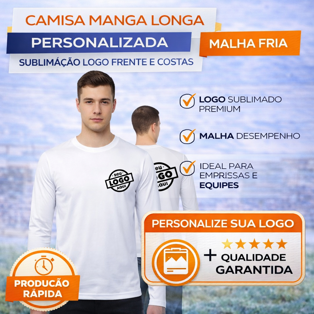 Camisa Uv +50 Manga Longa Personalizada Logo Frente e Costas Sublimação Uniforme Empresa Fardamento
