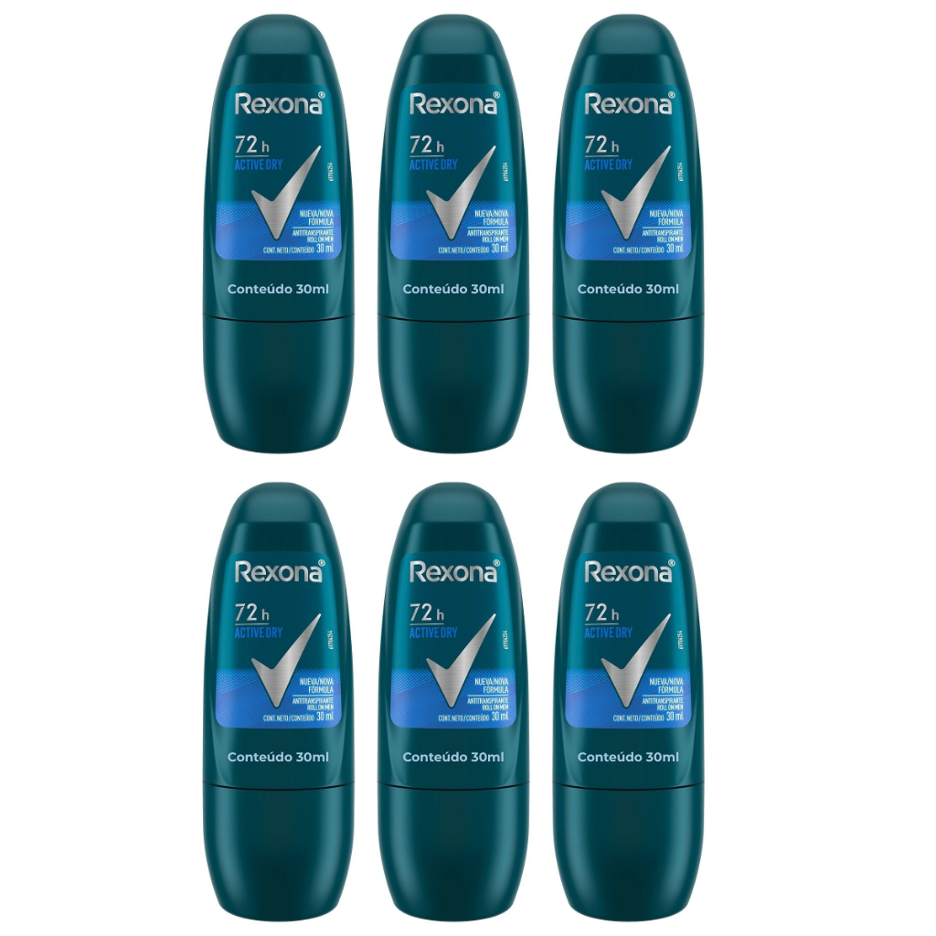 Kit 06un Desodorante Roll On Compact Rexona Men Active Dry 72h 30ml