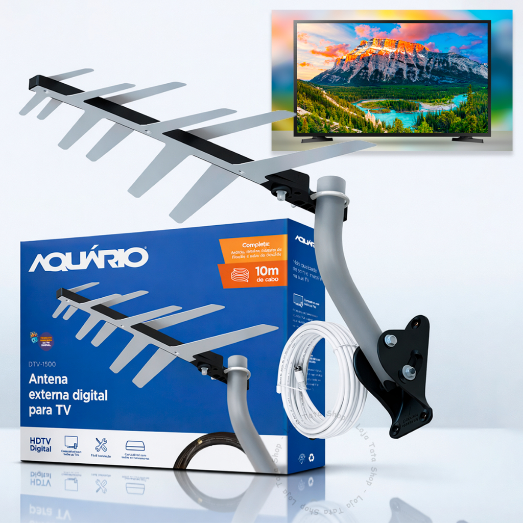 Antena Área Externa Digital Tv Full HD + Cabo 10m Dtv-1500 Aquário Hdtv 2 Em 1 Completa