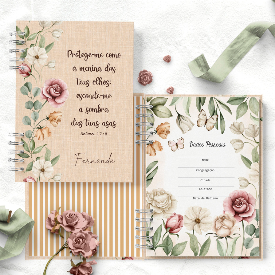 Agenda 2026 Floral personalizada - Capa dura, elástico e chaveiro - Agenda A5