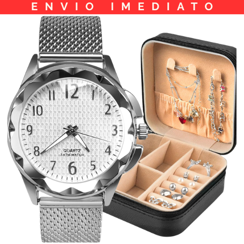 Presente Feminino: Relogio Prata Prova Dagua Aço Silicone + Acessorios 18k + Porta Joias Original em Oferta na Shopee