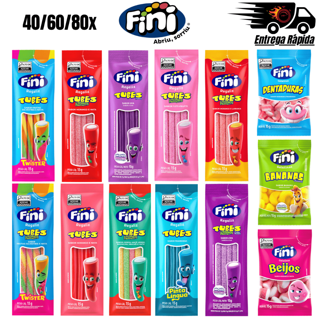 Kit 40/60/80x Unidades Bala De Gelatina Fini 15g Sortidos Ou Tubes Sabores Variados