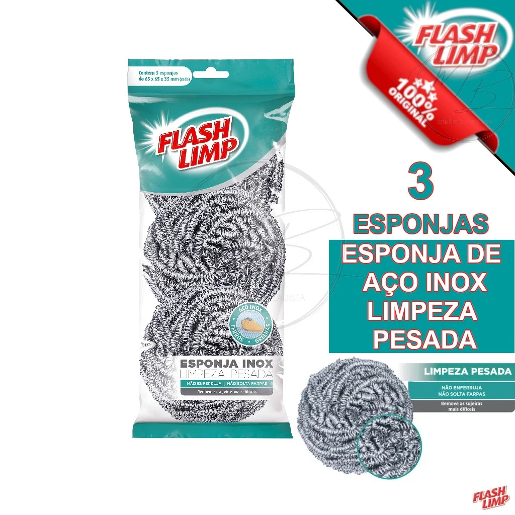 Pack de Esponja Aço Inox Limpeza Pesada - 03  ou 06 Unidades - Não enferruja -  Flash Limp
