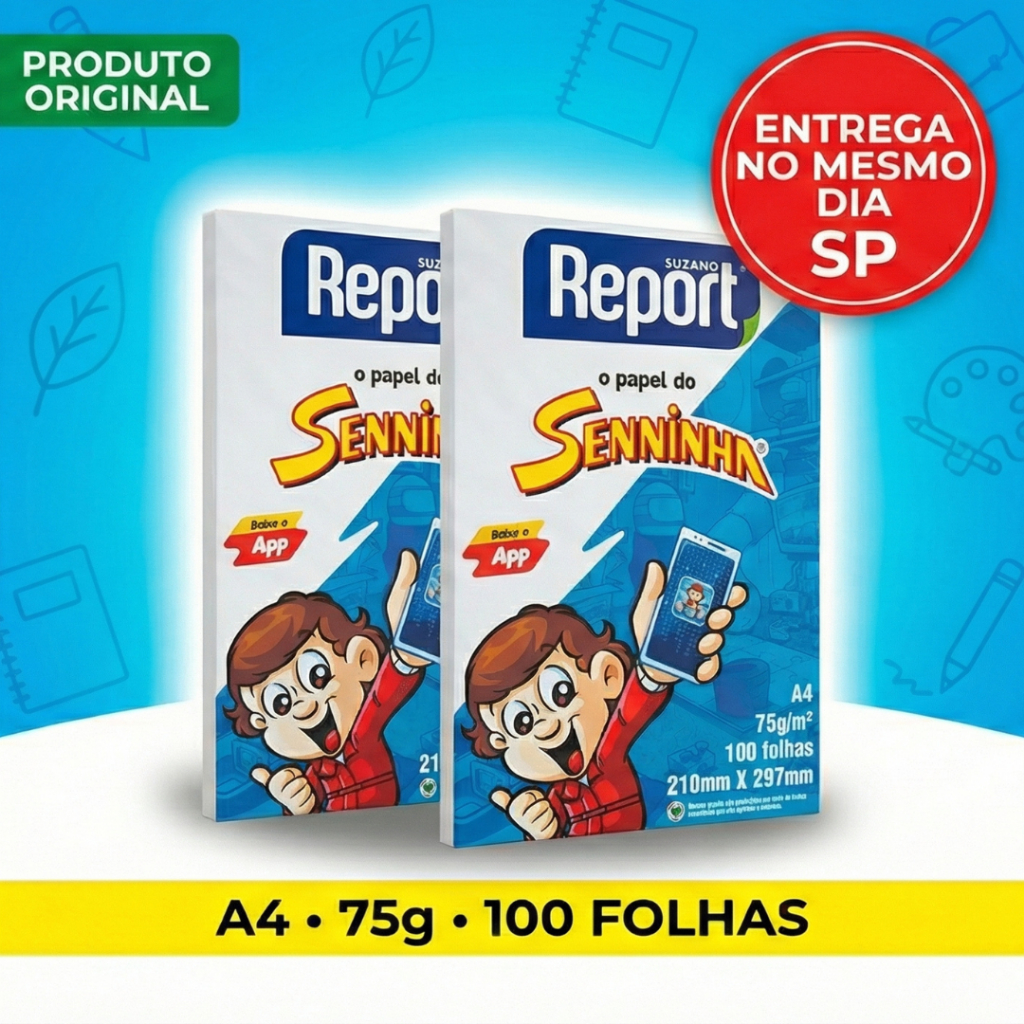Papel Sulfite A4 com 100 Folhas Kit 2 Pacotes Seninha Report Branco Escolar Resma Desenhar Pintar em Oferta na Shopee