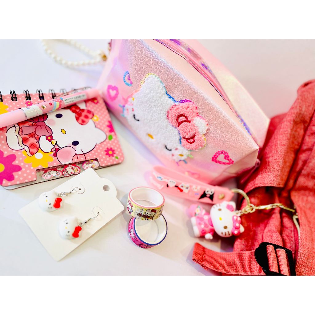 Kit Hello Kitty Presente 7 Itens Necessaire Caderno Caneta Chaveiro Brinco Feminino Fofo | KitBoom