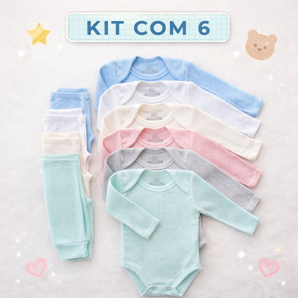 Kit 6 Peças Conjunto Canelado Manga Longa 3 bodies e 3 calças Mijão RN ao 1 ano Bebê 100% ...