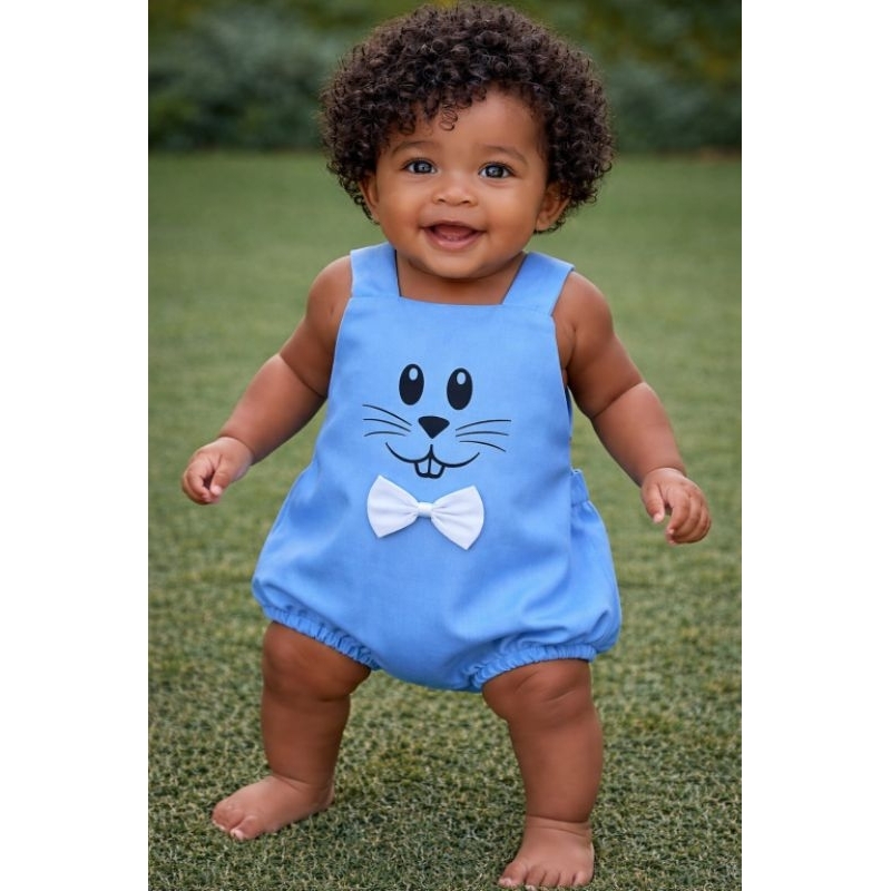 Romper Páscoa Menino Coelhinho Azul | Macaquinho Bebê Páscoa | Roupa Infantil Temática