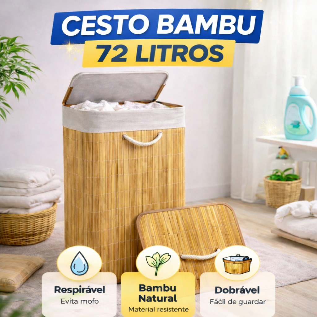 Cesto de Roupa Bambu 72L Dobrável Organizador com Revestimento Interno de alta capacidade em Oferta na Shopee