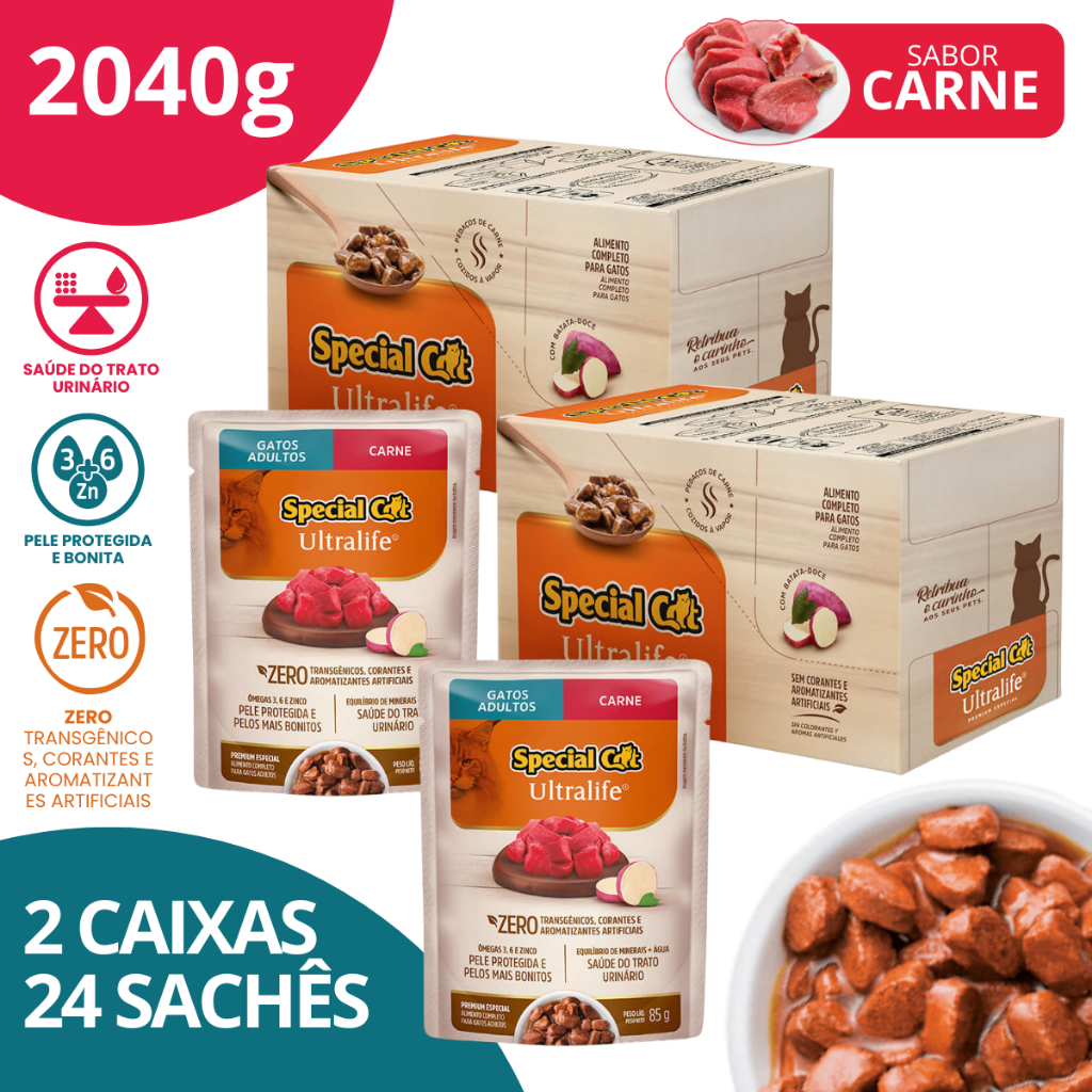 Kit 2 Caixa 12 Special Cat Ultralife Sachê Adultos Sabor Carne - 85g em Oferta na Shopee