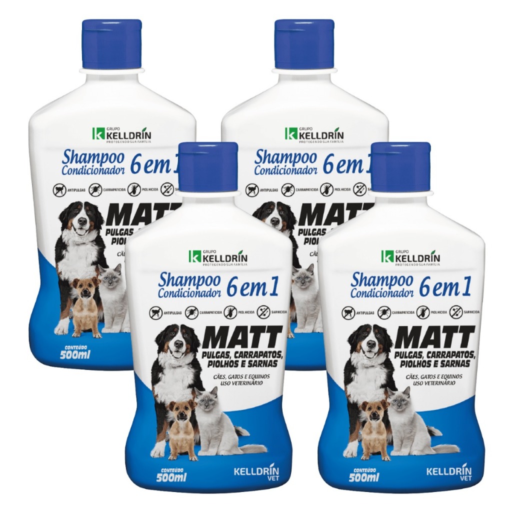 Kit 2 ou 4 Shampoo Condicionador Matt 6x1 Antipulgas Carrapatos Sarna Cães Gatos