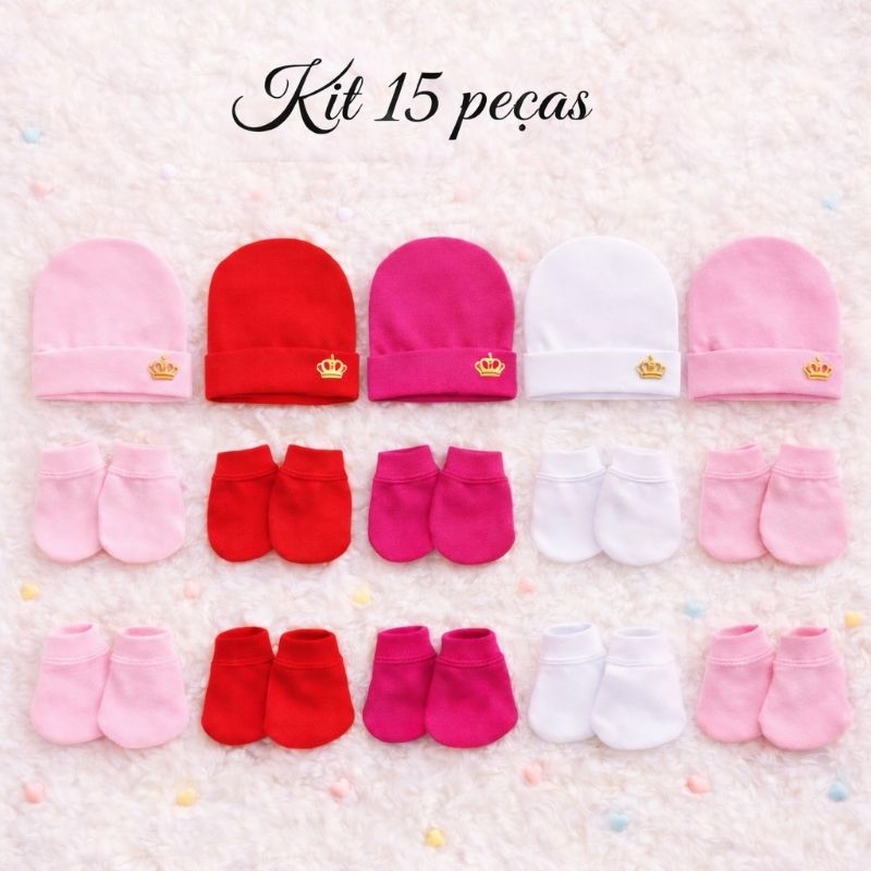 kit touca+ sapatinho+ luva Recém nascido menina e menino pacote econômico com 5 kit de 3 peças cada um.