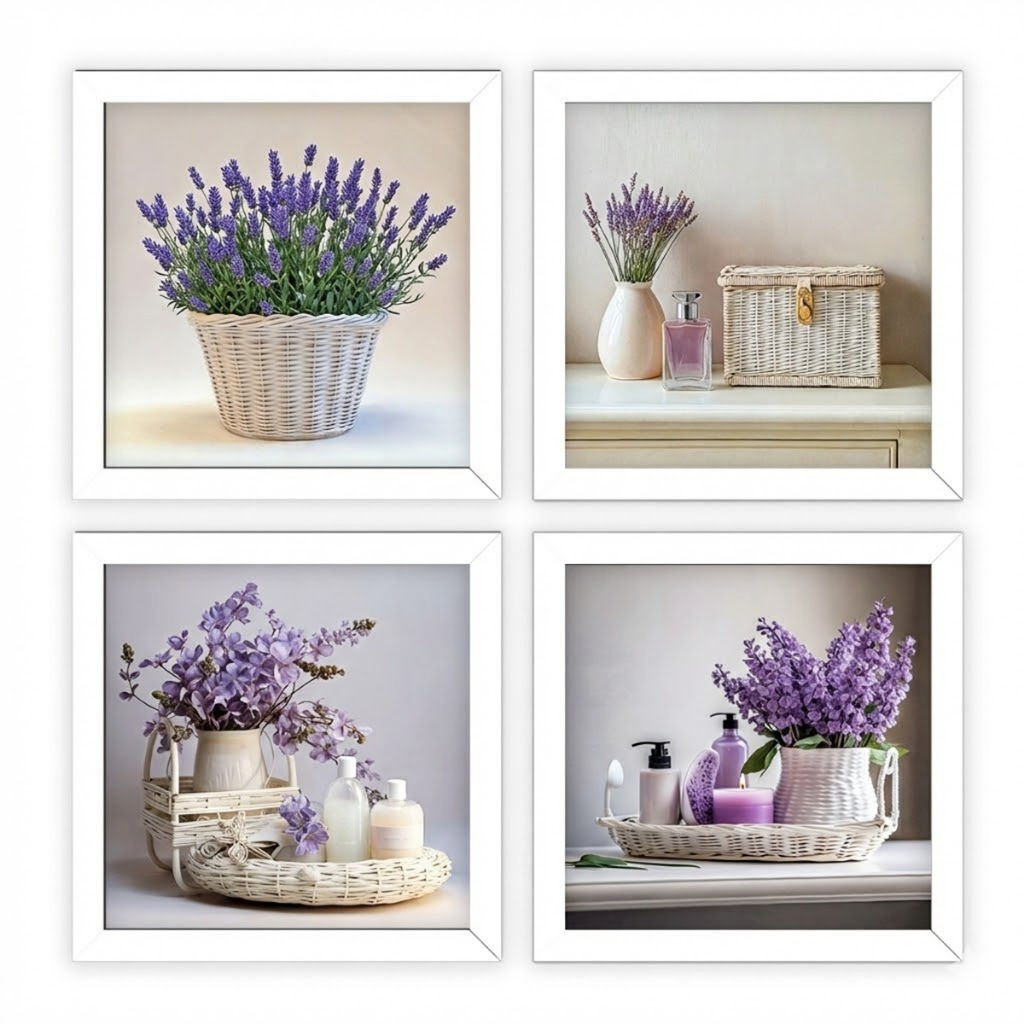 Kit 4 Quadros 18x18 cm banheiro, lavabo, flores lilás, vidro em Oferta na Shopee