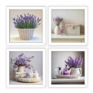 Kit 4 Quadros 18x18 cm banheiro, lavabo, flores lilás, vidro em Oferta na Shopee