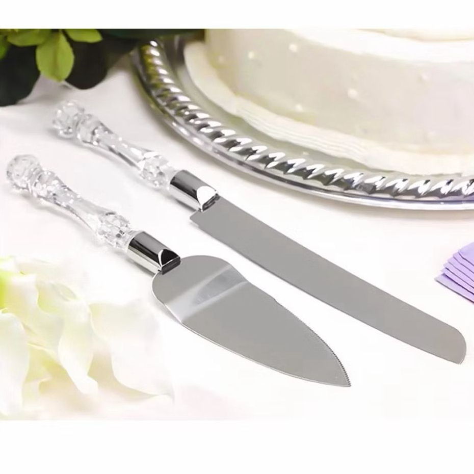 Jogo Espátula e Faca para Bolo 2 Peças Aço Inox Cabo Acrílico Cortador Servidor de Bolo Tortas Cozinha
