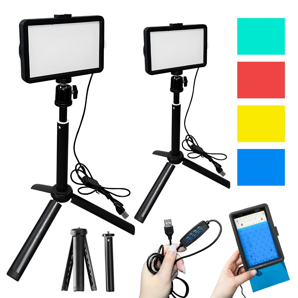 2pcs Painel LED de Iluminação 12W com Tripé | 4 Filtros Coloridos | Iluminação para Fotografia, Vídeo e Maquiagem