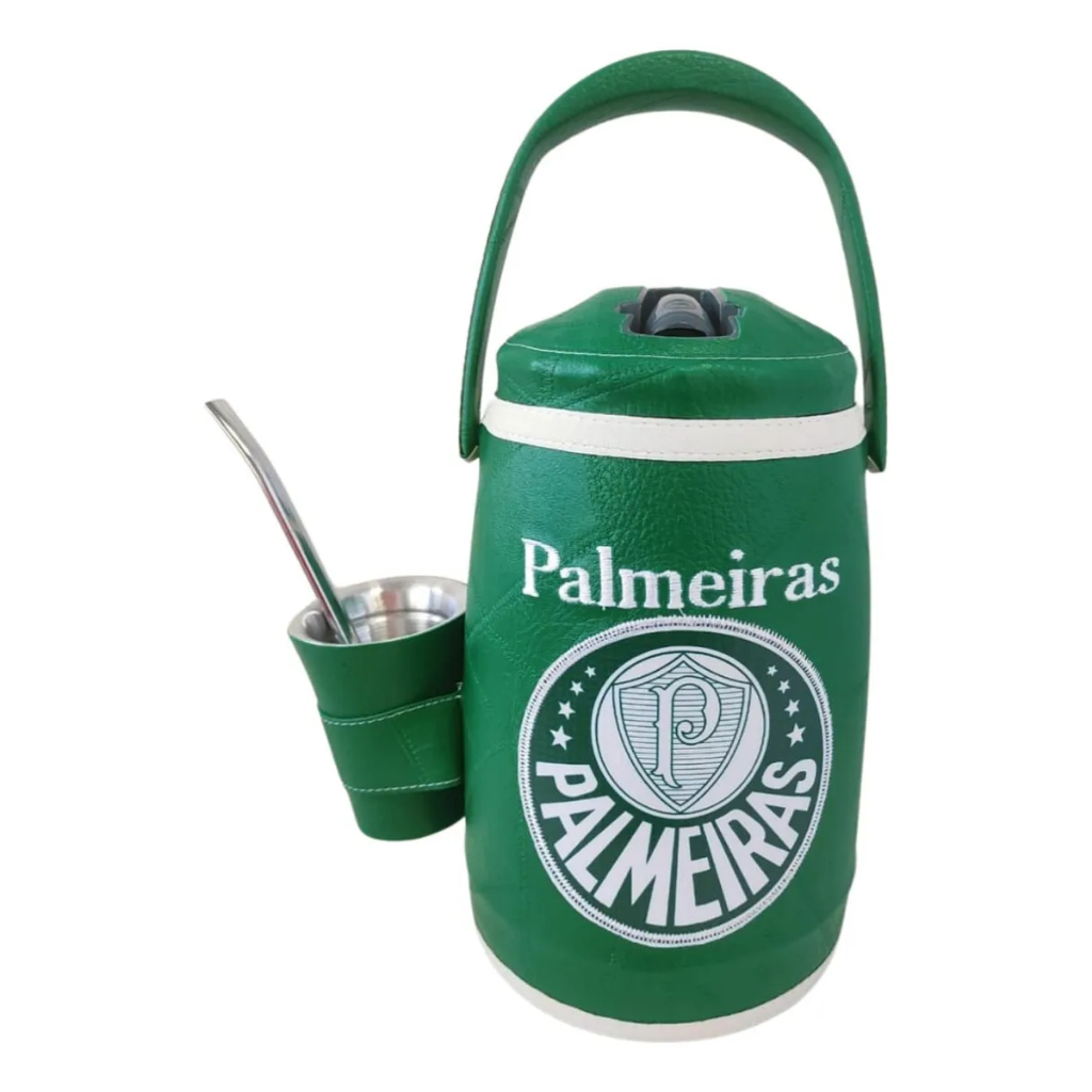Garrafa Térmica Terere Palmeiras 2,5 litros Revestida Couro c/ Bomba e Copo