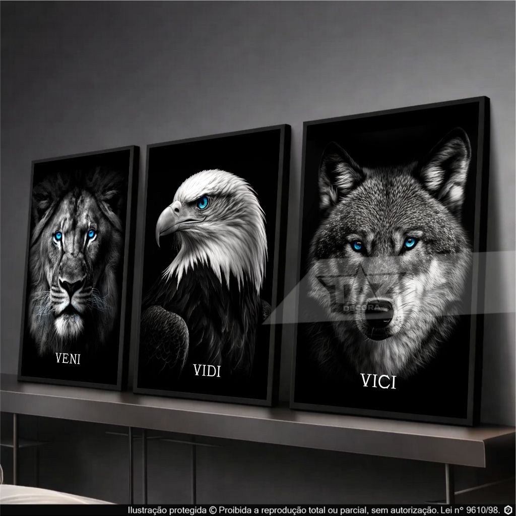 Trio Quadros Decorativos Leão Águia Lobo Motivacional - Veni, vidi, vici Sala Quarto