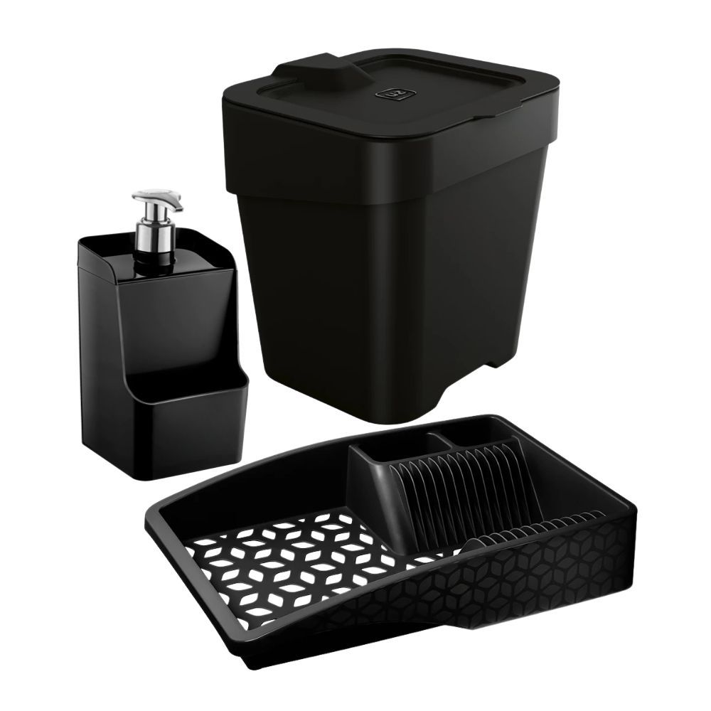 Kit 3 Peças Lixeira 2,5L, Porta Detergente 500ml, Escorredor Slim Organizador Pia Cozinha/Kit 2 Peças