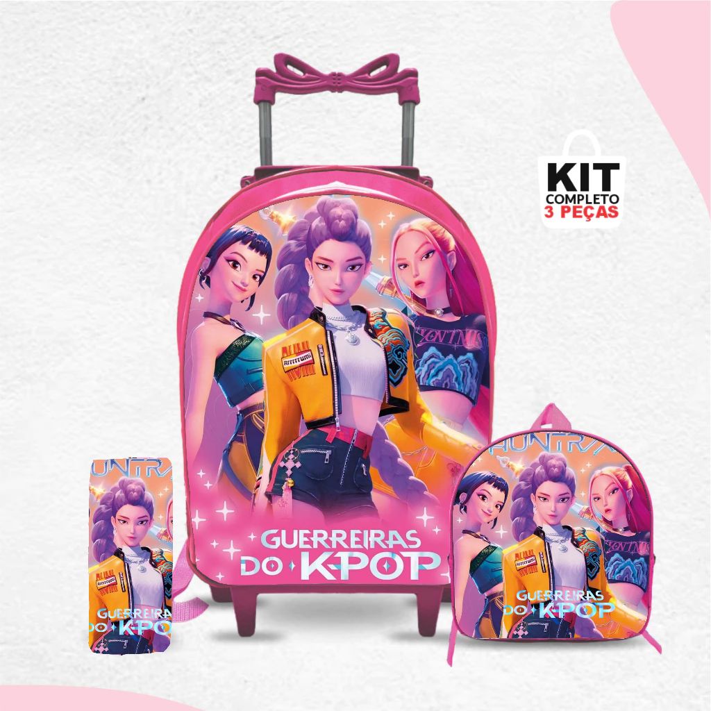 Kit mochila escolar Guerreiras do key-pop com lancheira e Estojo -Carrinho com Rodinhas - Menina - Feminino
