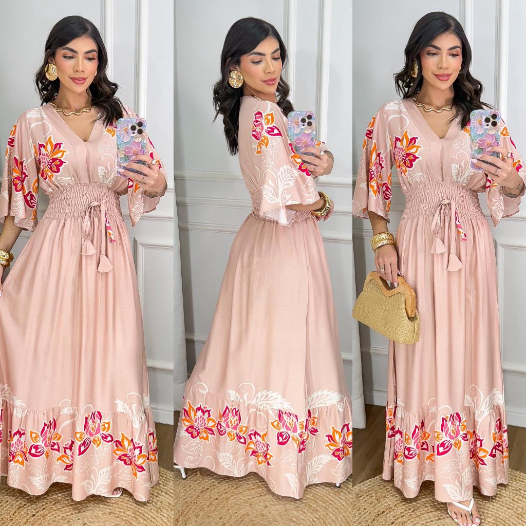 Vestido Longo Feminino Barrado Decote V Manga Flare Elastex na Cintura Elegante em Oferta na Shopee