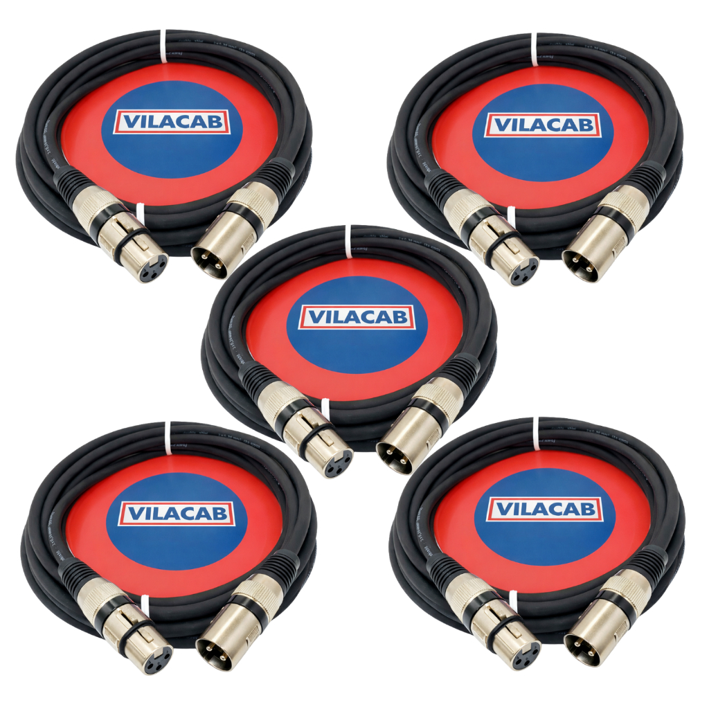 Kit 5 Cabos Microfone Dmx Xlr Canon Balanceado 5 Metros Stereo Mesa Som Áudio Profissional