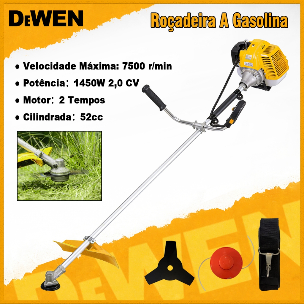 Roçadeira A  52CC 2CV Cilindrada Potência 1450W Motor 2 Tempos Segurança e Eficiência
