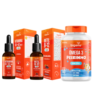 Kit Vitaminas Kids Bigens D3 + K2 MK7 Morango + Metil B12 Frutas Vermelhas + Ômega 3 Peixinho Infant