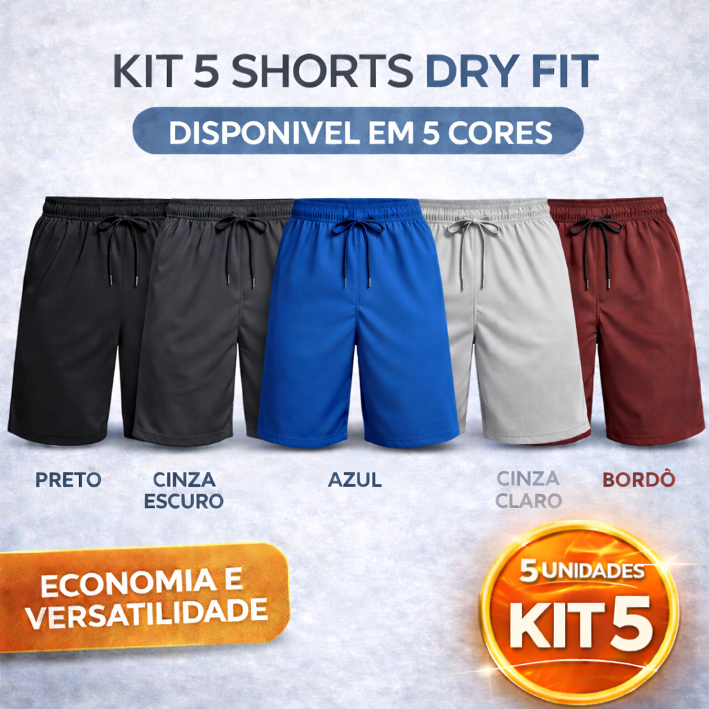 Kit 5 Shorts Masculino Dry Fit Poliamida com Elastano Academia Treino Corrida Confortável