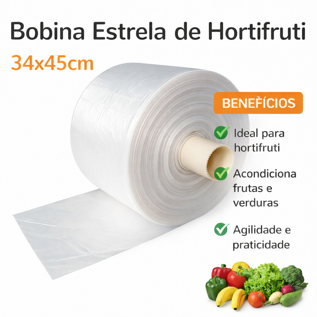 Bobina Saco Plástico Fundo Estrela Picotada 34x45cm M Hortifruti Mercado Atacarejo Verdura Saquinho