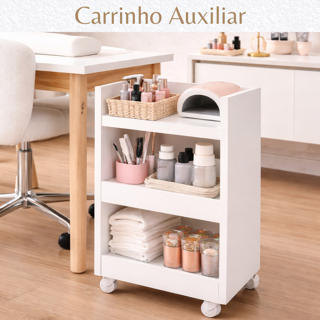 Carrinho Auxiliar 100% MDF Suporte Para Esmalte Salão De Beleza Manicure Mesa Com Rodinhas Cozinha