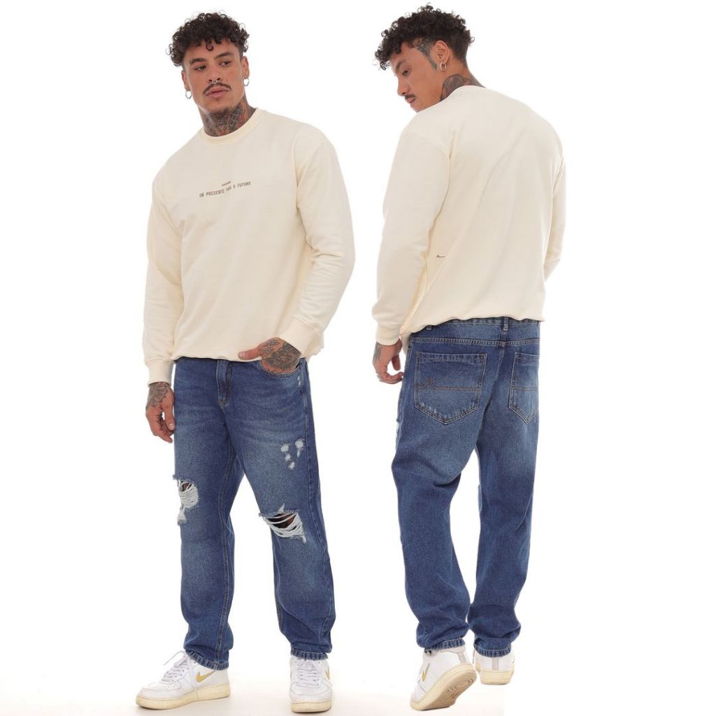 Calça Jeans Masculina Reta Slim Fit Rasgada No Joelho Tradicional Com Elastano 22768