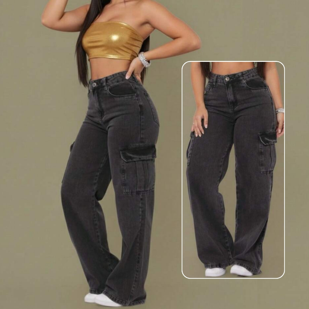 Calça Wide Leg CARGO Jeans Feminina Black Marmorizada Cintura Alta Sem Lycra