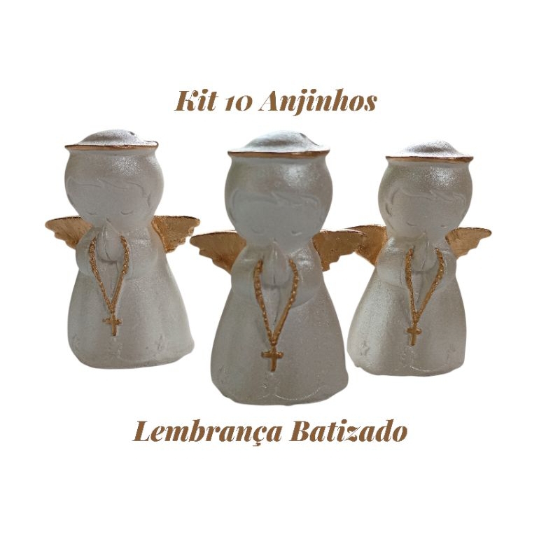 Kit com 10 Imagens de Anjo 7cm, Lembrança batizado, nascimento e primeira eucaristia branco perolado e dourado