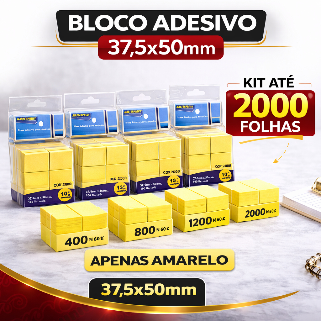 KITS 400 ATÉ 2000 FOLHAS BLOCO ADESIVO ANOTACAO POSTITI 37,5X50MM AMARELO PAPELARIA ESCRITÓRIO AULAS