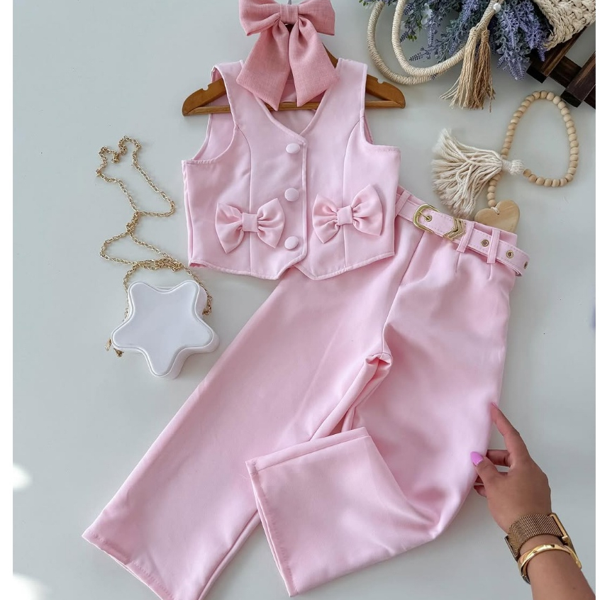 Conjunto Infantil Juvenil Alfaiataria Colete e Calça Pantalona Com Cinto Elegante Casual em Oferta na Shopee