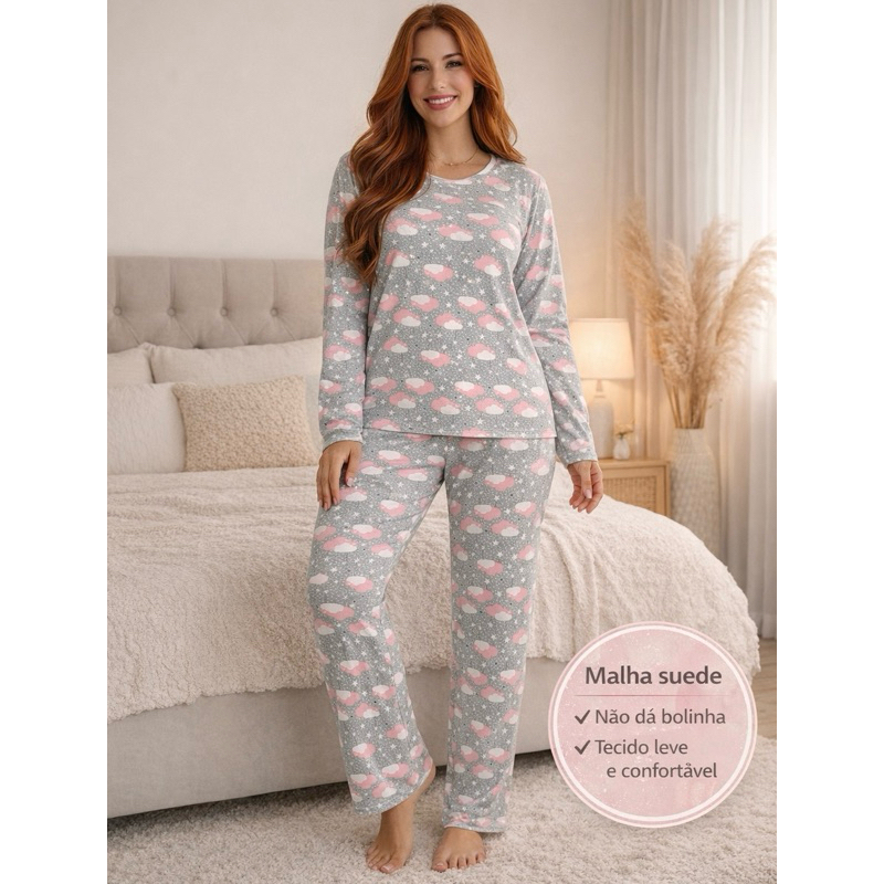 Pijama longo feminino conforto meia estaçao  comprido confortável  suede grande macio barato em Oferta na Shopee