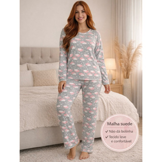 Pijama longo feminino conforto meia estaçao  comprido confortável  suede grande macio barato em Oferta na Shopee