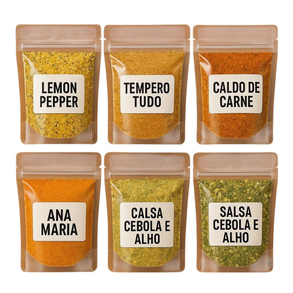 Kit 15 Temperos Naturais 50g Cada Alho Frito Páprica Lemon Pepper Chimichurri Tempero Baiano