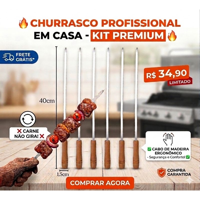 ​Kit 6 Espetos para Churrasco 40cm Inox Cabo de Madeira Premium - Não Gira a Carne - Profissional para Churrasqueira