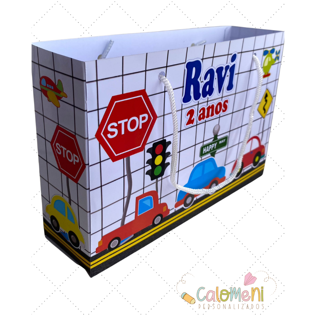 Sacolinha Surpresa G MEIO DE TRANSPORTES  Personalizada com nome Festa Infantil Chá Aniversário Lembrancinhas