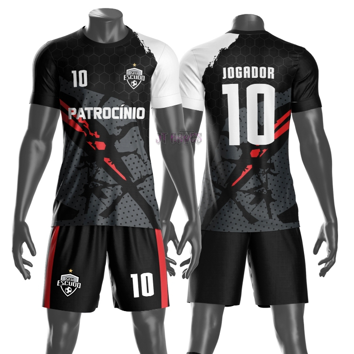 Uniforme personalizado jogador futebol amador esportivo camiseta e calção nome número escudo mod 91