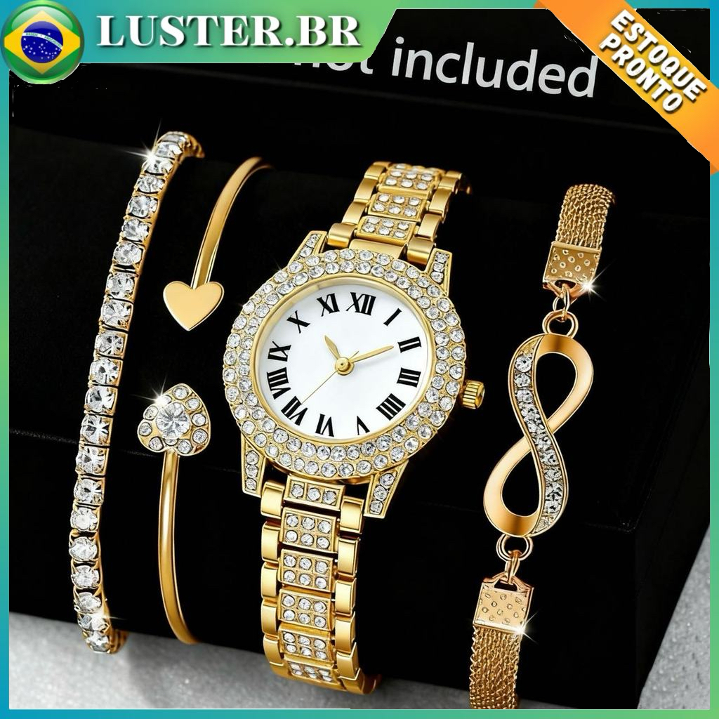 Conjunto 4 Relógio Feminino Quartzo: Marcas Romanas Zircônios, Aço - Uso Diário, Presente Aniversário em Oferta na Shopee