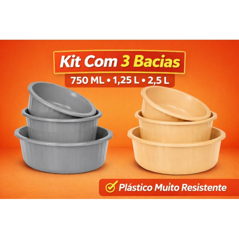 KIT Com 3 Bacias de Plástico Canelada 750ML,1,25L,2,5L Disponível Cinza ou Beje em Oferta na Shopee