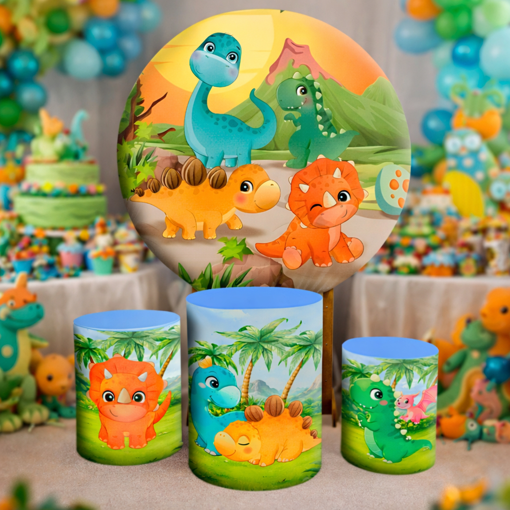 Kit Capa Painel de Festa Dino Personagens + Trio Capa Cilindros Envio Imediato