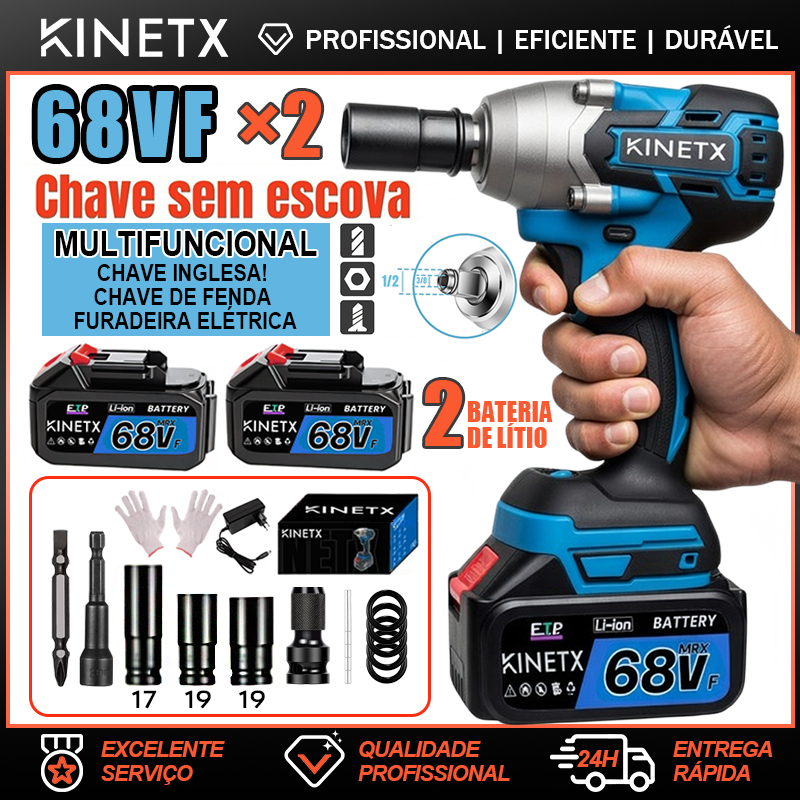 Kit Chave de Impacto Sem Escova 3in1 68VF 2 Baterias 17/19/21mm 3 Função Chave Inglesa Broca Elétrica Maleta KINETX
