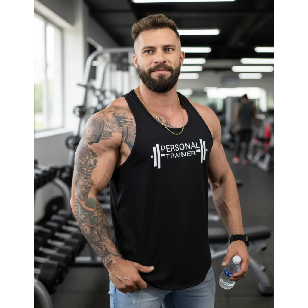 Regata Personal Trainer Professor longline Camiseta Academia musculação treino uniforme cavada preta